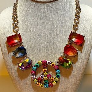 Betsey Johnson Love Fest Peace Sign Gemstone Necklace New